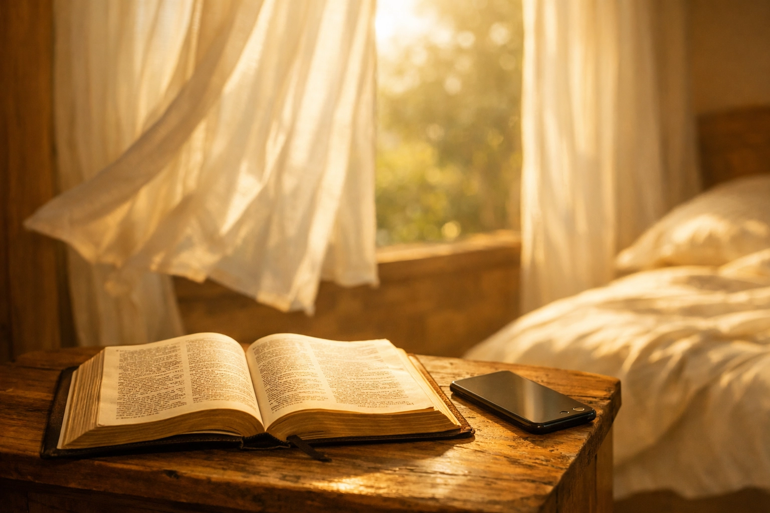 Open Bible on a nightstand next to a face-down smartphone to prioritize a peaceful morning routine.