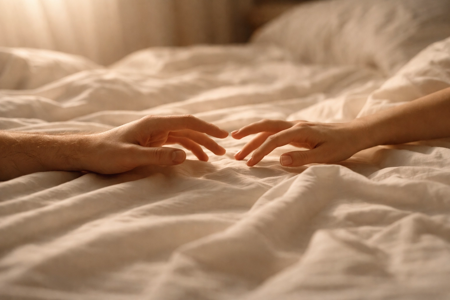 Két kéz közeledik egymáshoz az ágyon, a párkapcsolati intimitás és a PIED komplex kezelése jelenik meg.