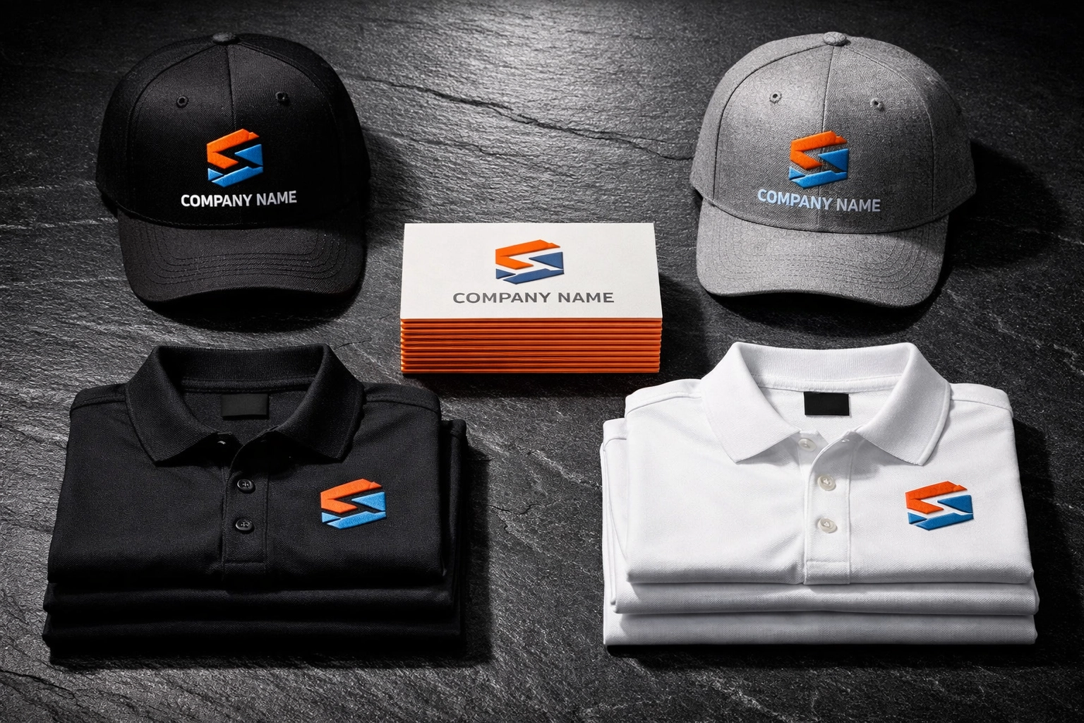 Full business branding kit with custom embroidered shirts, hats, and premium printed business cards.