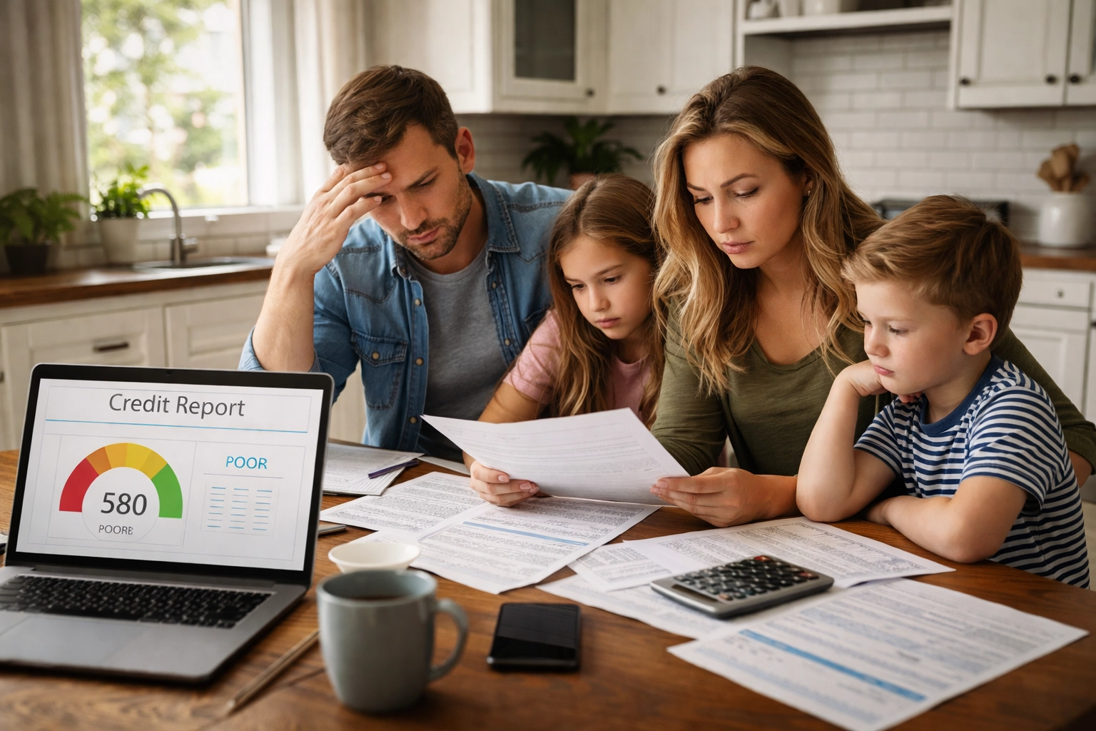 Texas family concerned while reviewing medical bills and credit report at kitchen table, symbolizing medical debt impact on credit.