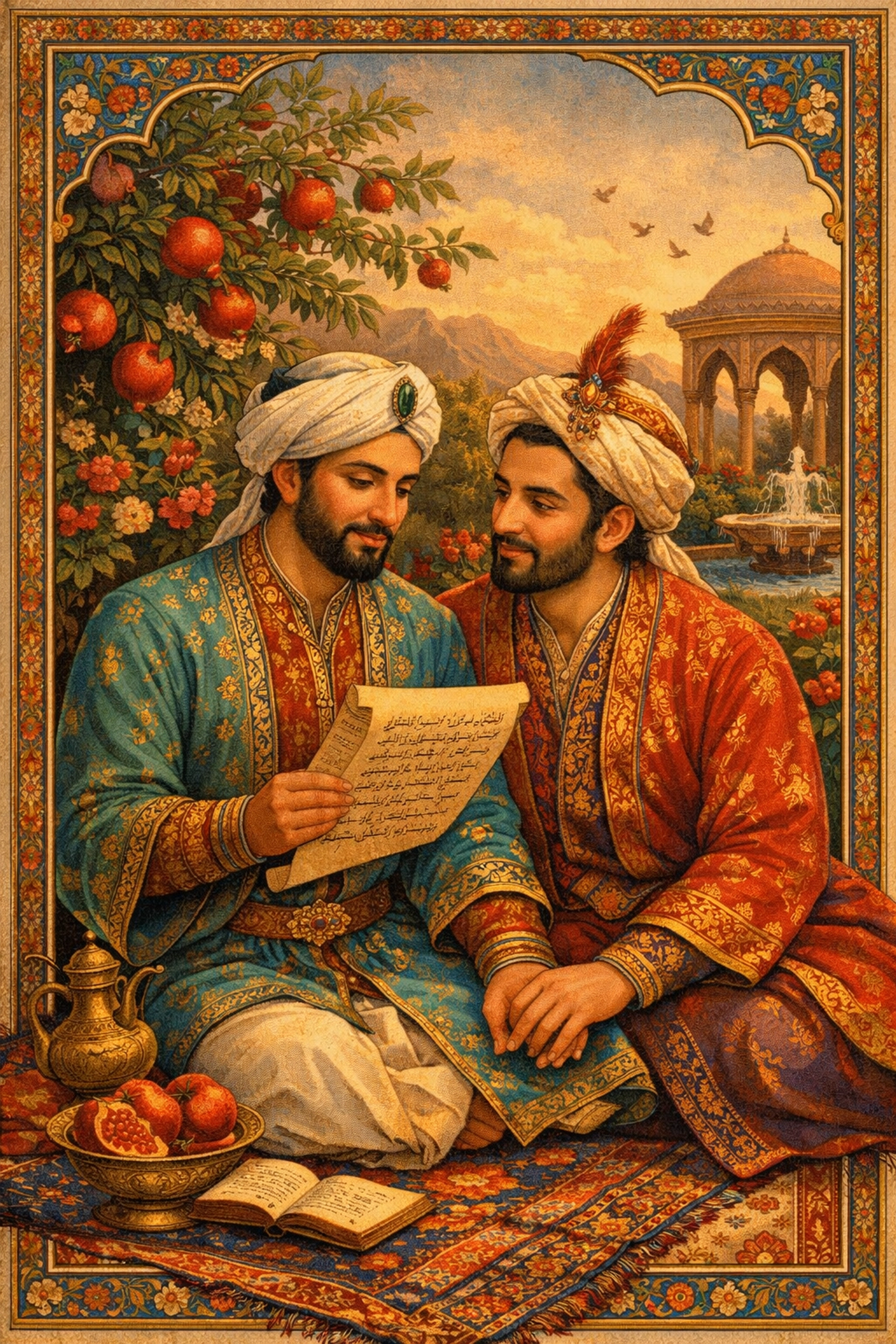 Historical Afghan men sharing a romantic moment in a garden, reflecting gay historical romance roots.