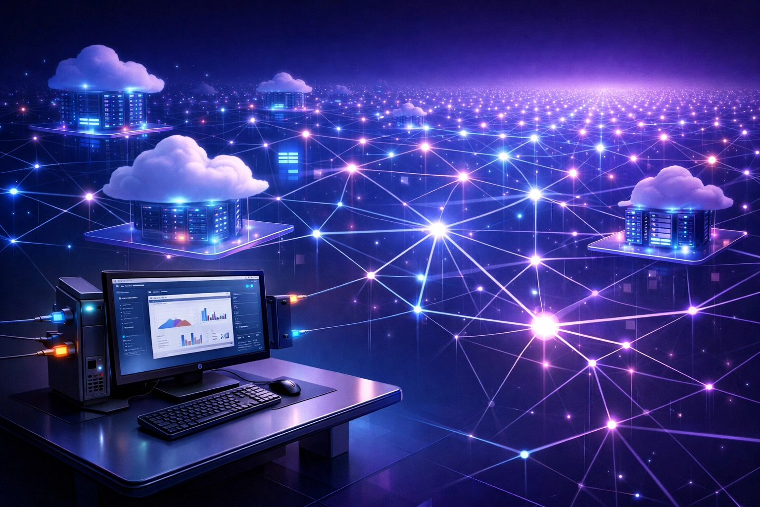 Web app scalability visualization showing network expansion versus desktop application limited connections