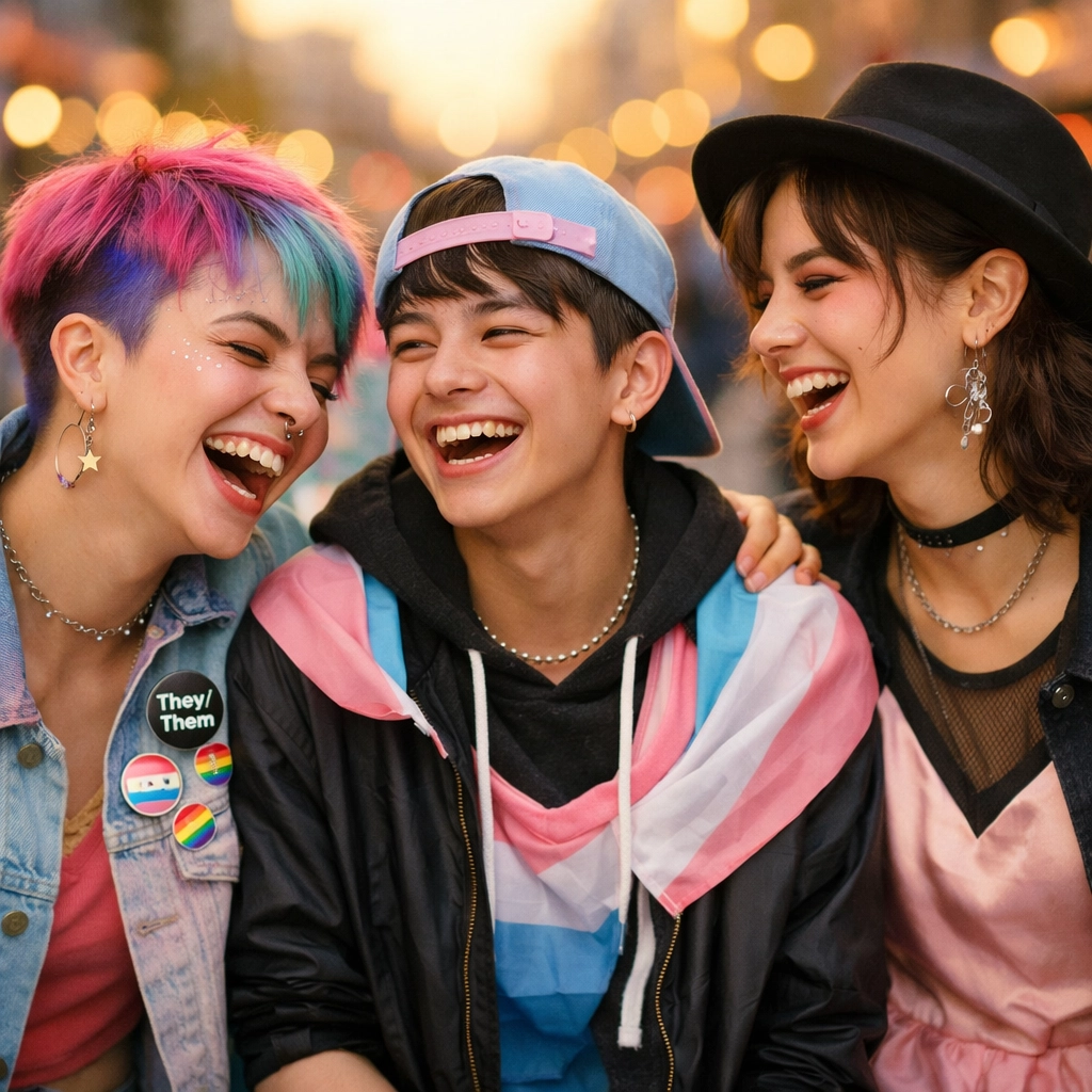 Diverse LGBTQ+ Gen Z youth celebrating together with pride and authentic self-expression