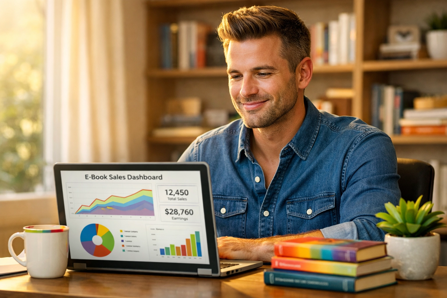 A gay author smiling while tracking MM romance book sales on his laptop dashboard.