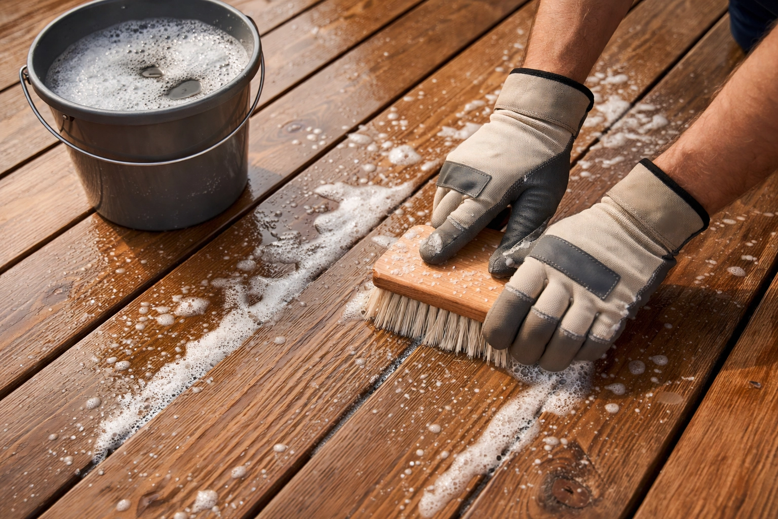 Closeup of hands scrubbing a weathered wood deck, demonstrating cleaning steps before sealing in Atlanta.