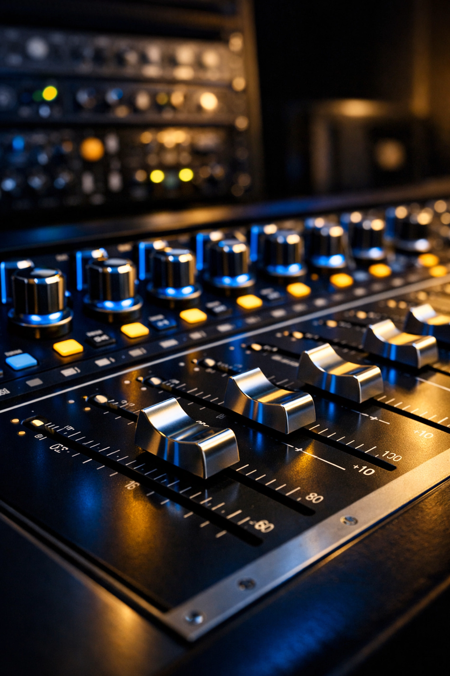 Dust-free analog mixing console faders in a professionally cleaned recording studio.
