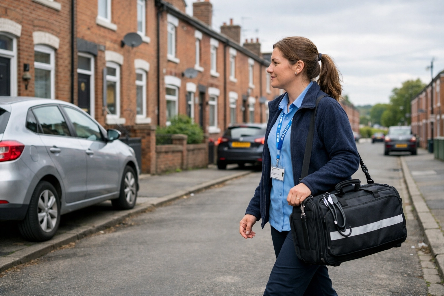 NHS professional walking on a residential UK street, representing community-integrated respiratory care.