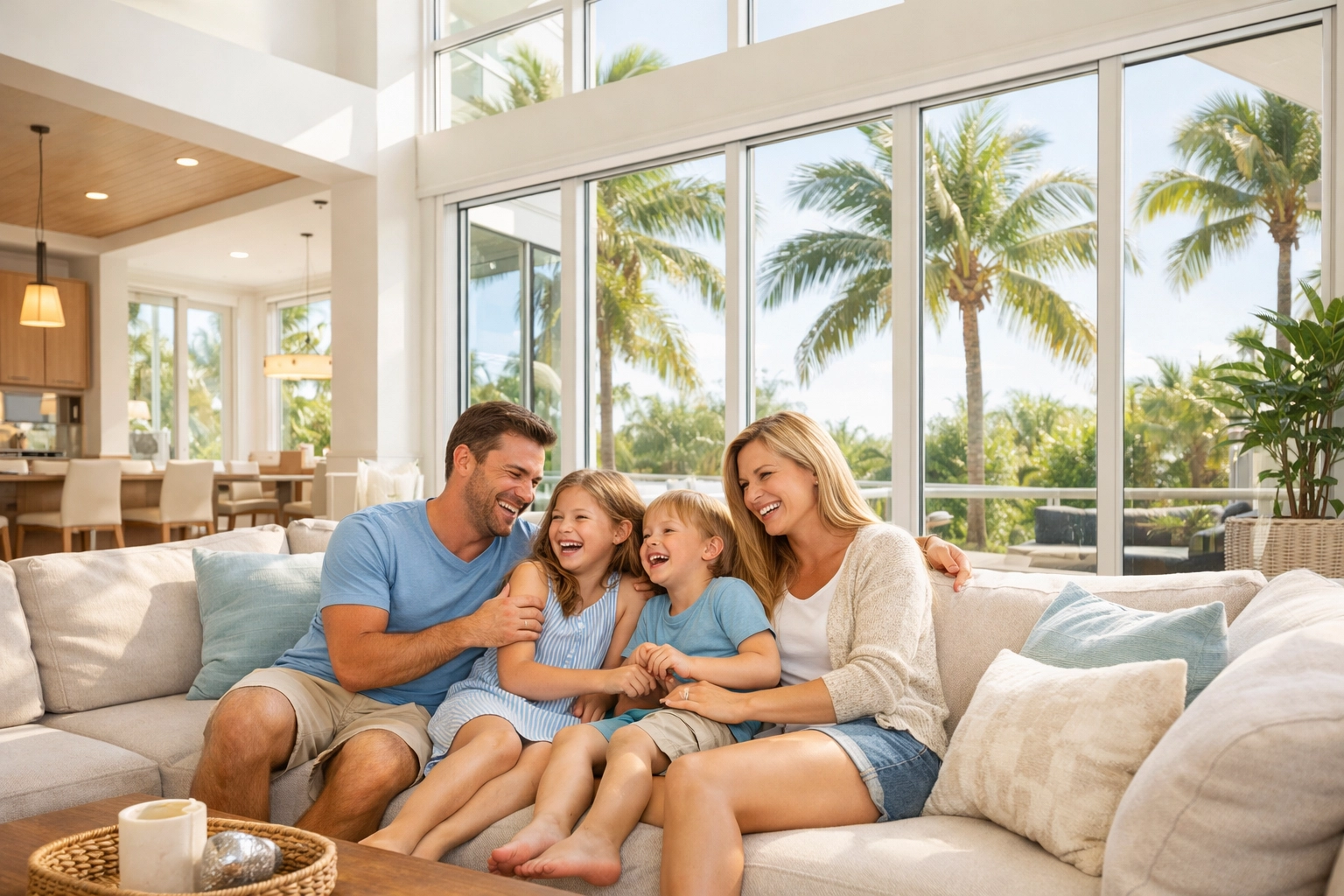 Spacious Florida home interior with family relaxing in sunny living room with palm tree views