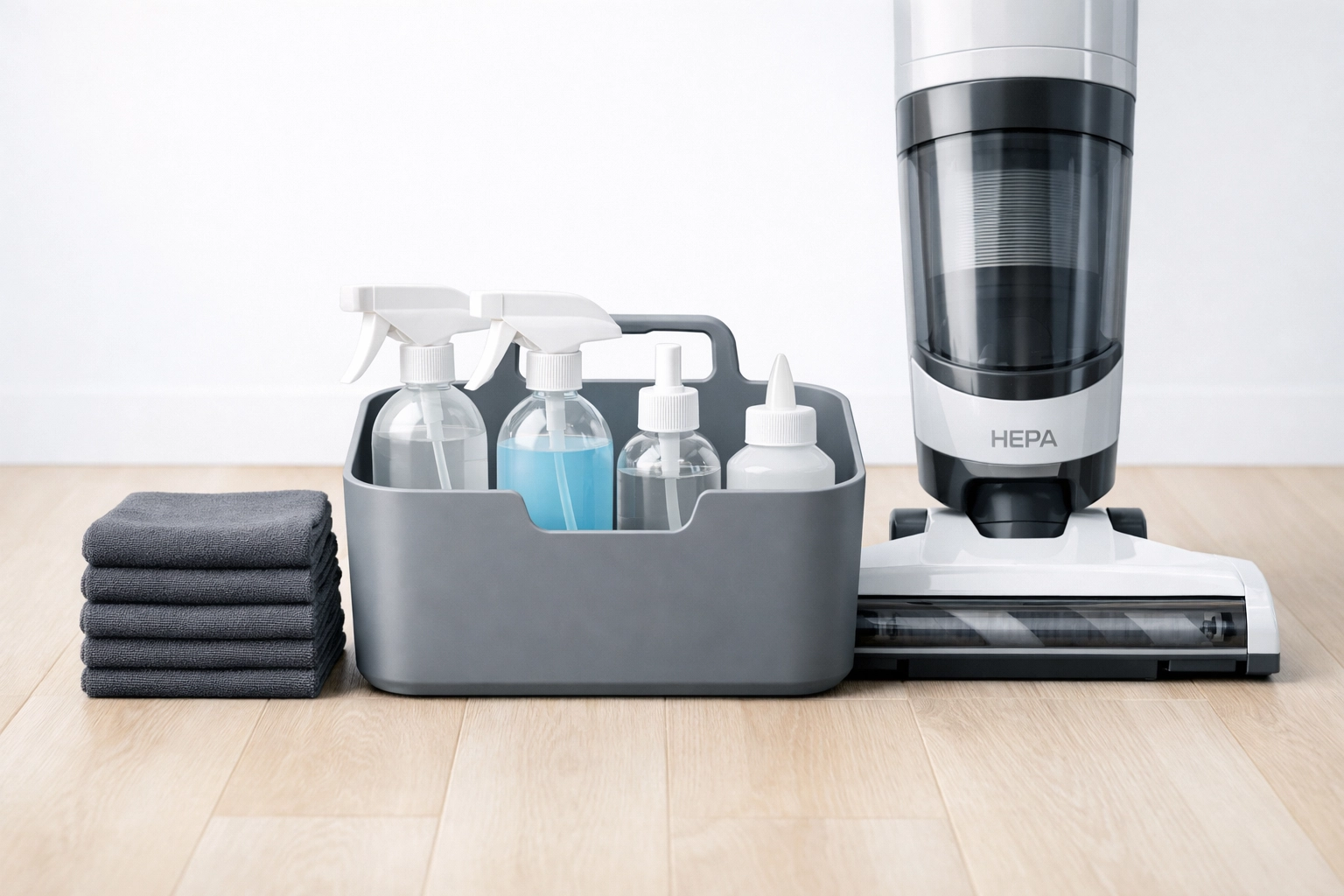 Standardized commercial cleaning supplies and HEPA vacuum for property management scale.