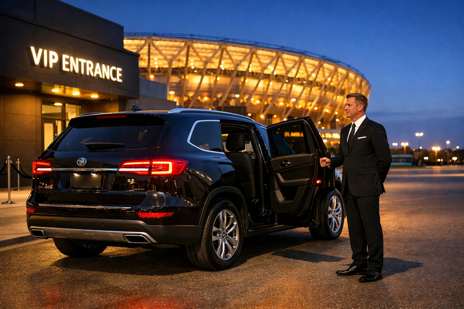 Luxury VIP chauffeur service at a stadium entrance for elite corporate travel and networking.
