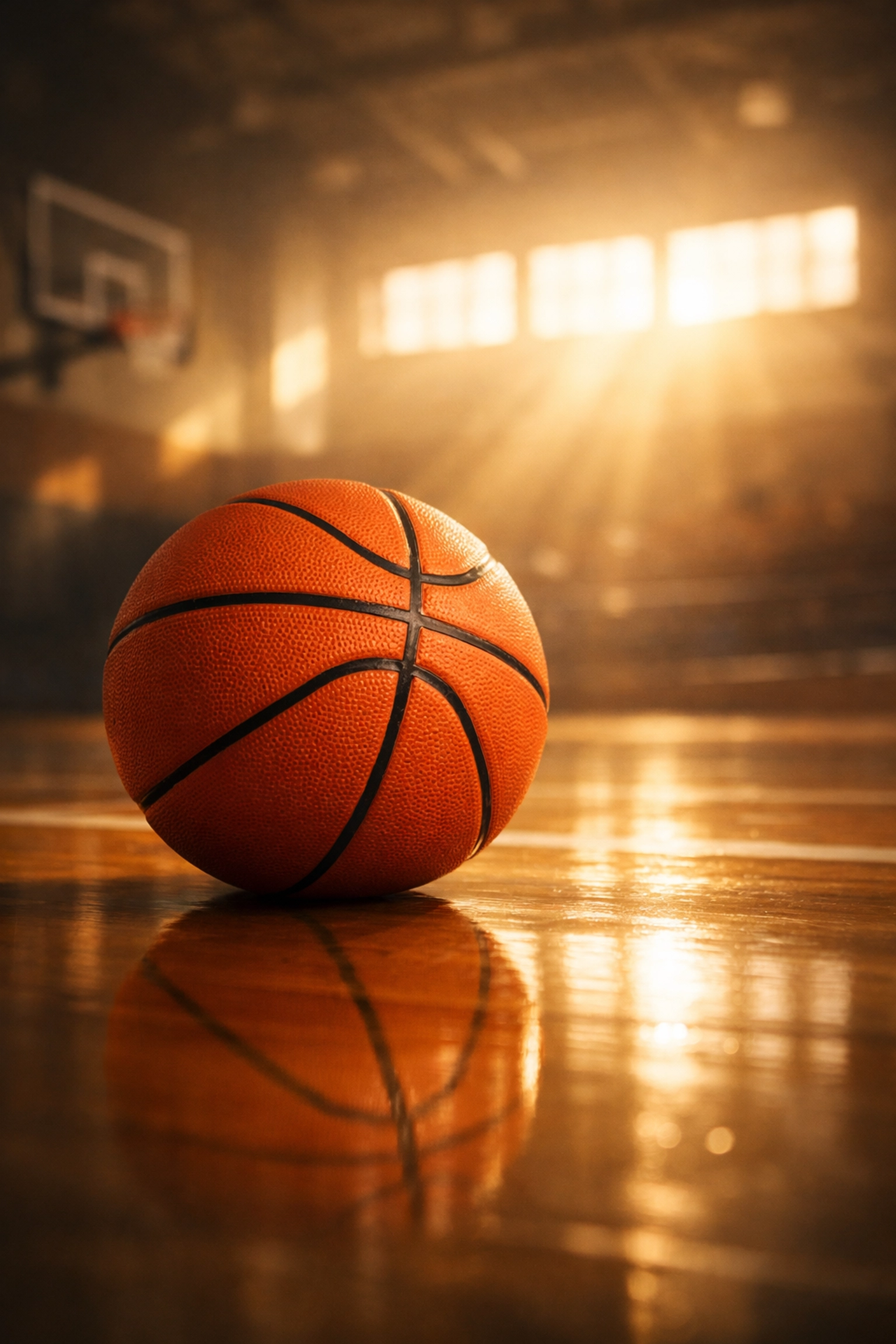 A basketball on a polished gym floor signifying the Faith Christian Lions state title win.