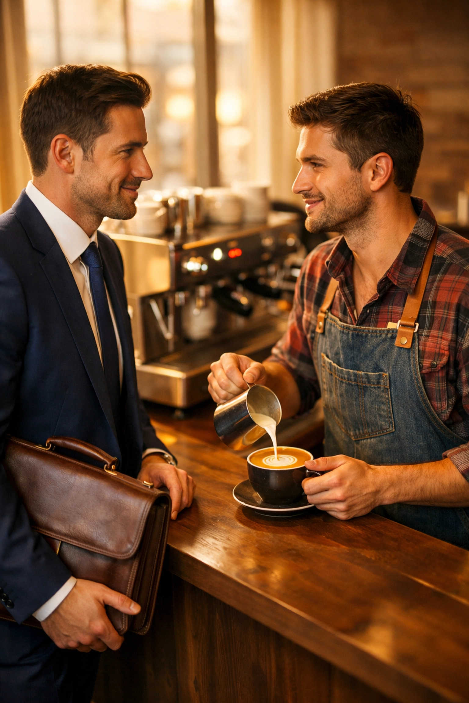 Billionaire businessman meets male barista in upscale coffee shop - classic MM romance meet-cute moment