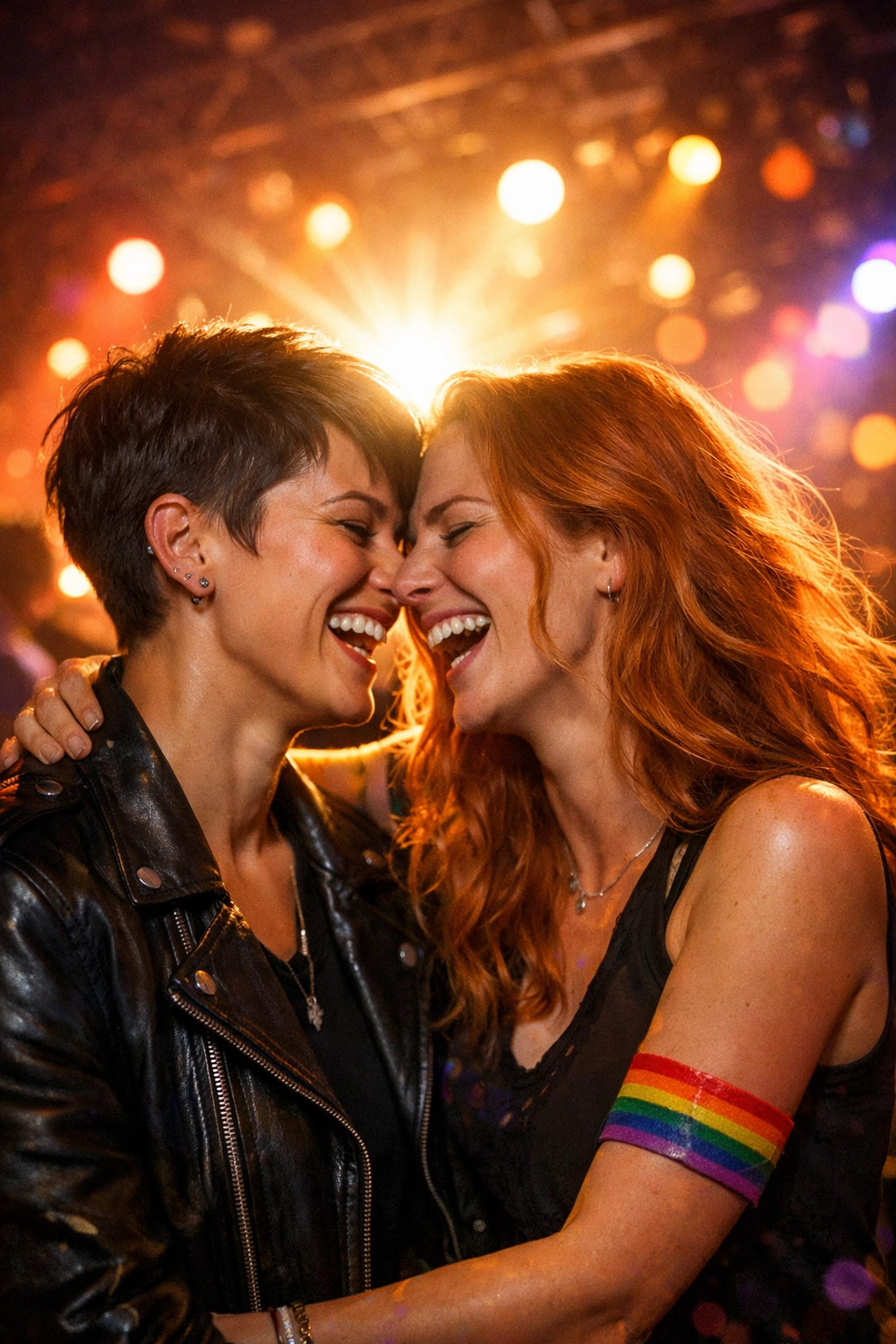 Two women enjoying live music concert representing LGBTQ+ joy and community