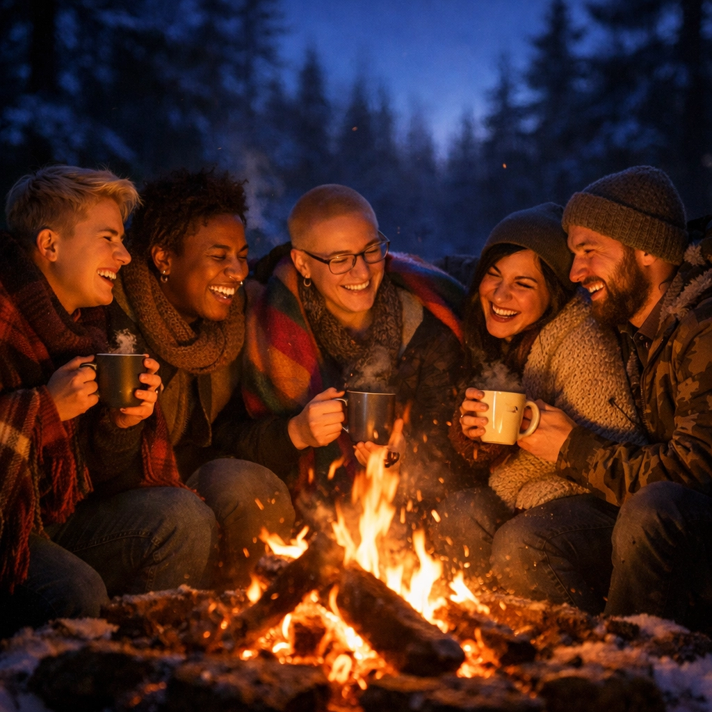 Queer chosen family gathered around bonfire celebrating winter solstice traditions together