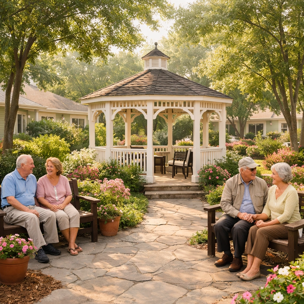 Senior couples chatting in a peaceful courtyard at a boutique 55+ community in Bucks County PA
