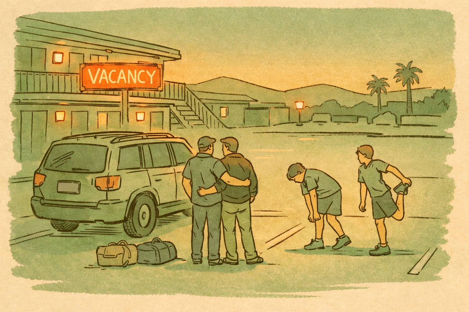 LGBTQ+ family arriving at motel during cross-country road trip at twilight