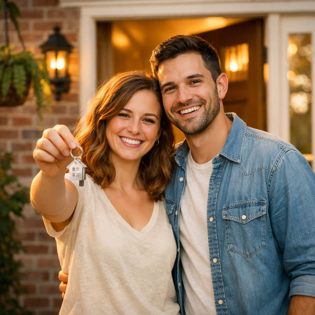 First-time home buyers holding keys on front porch of their new Nashville townhome