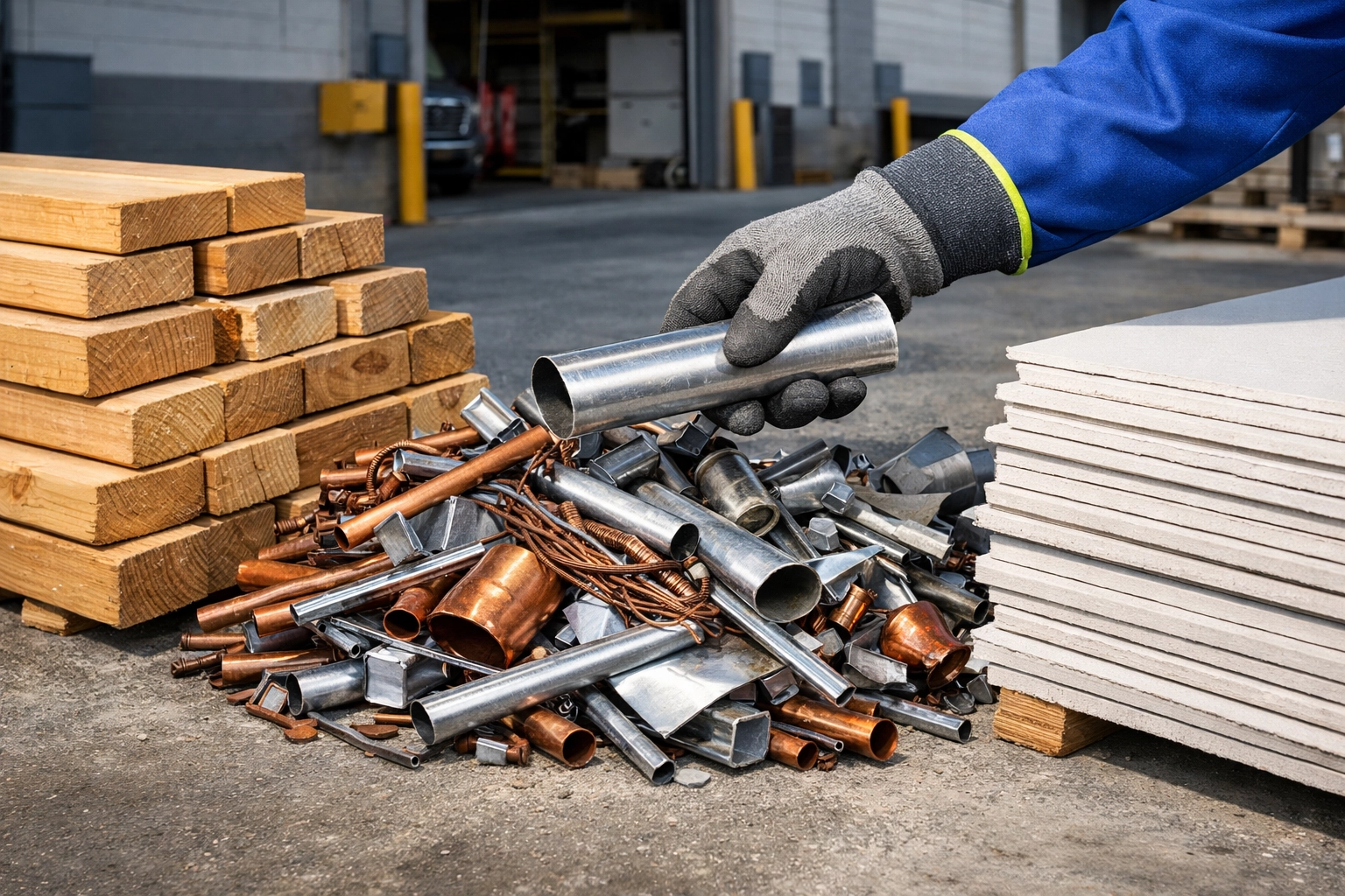 How to Choose the Best Commercial Waste Removal in Markham (Compared) Sorted construction debris including wood and metal for eco-friendly commercial waste disposal in Markham.