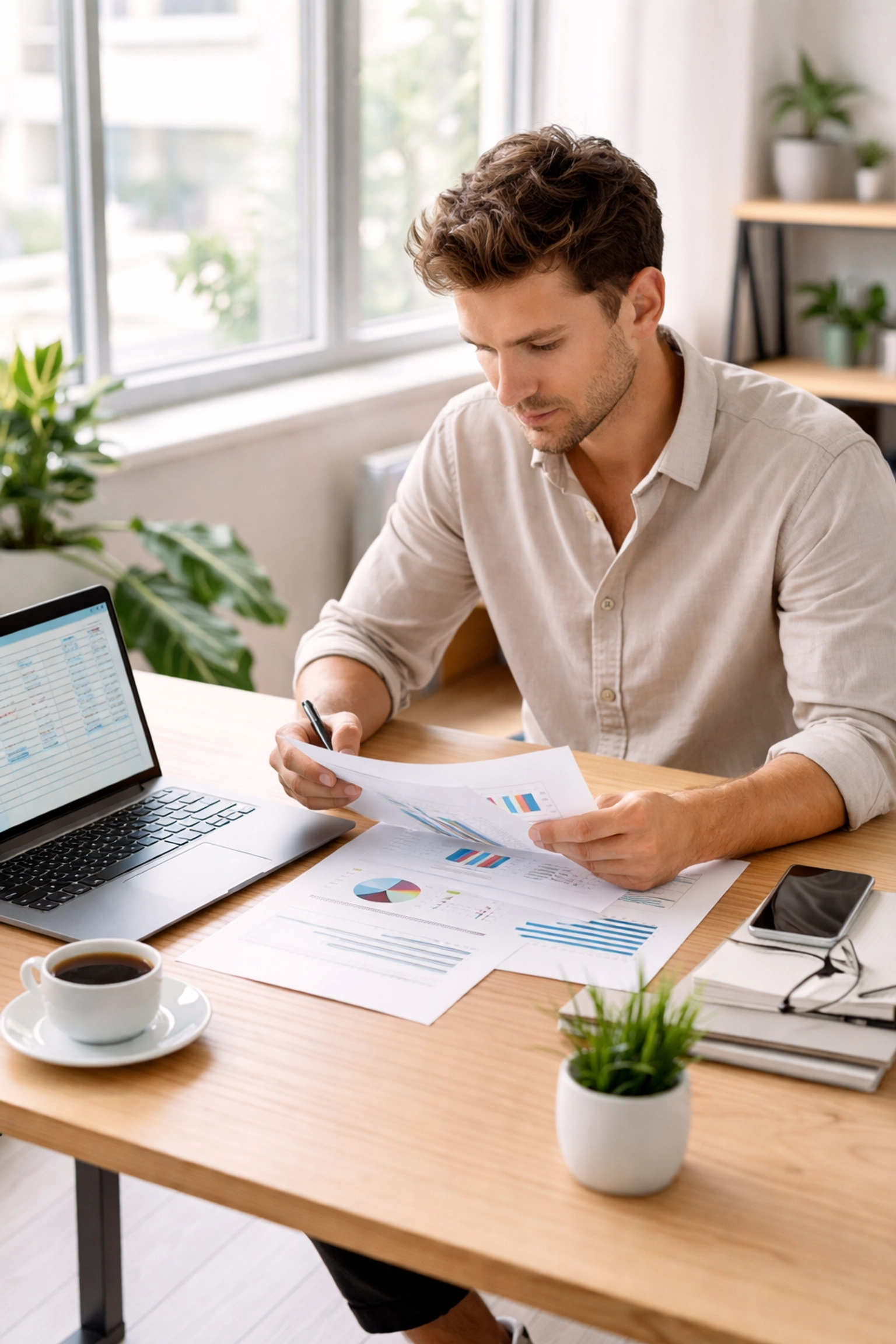 Startup founder reviewing financial charts at desk, illustrating startup valuation calculation methods.