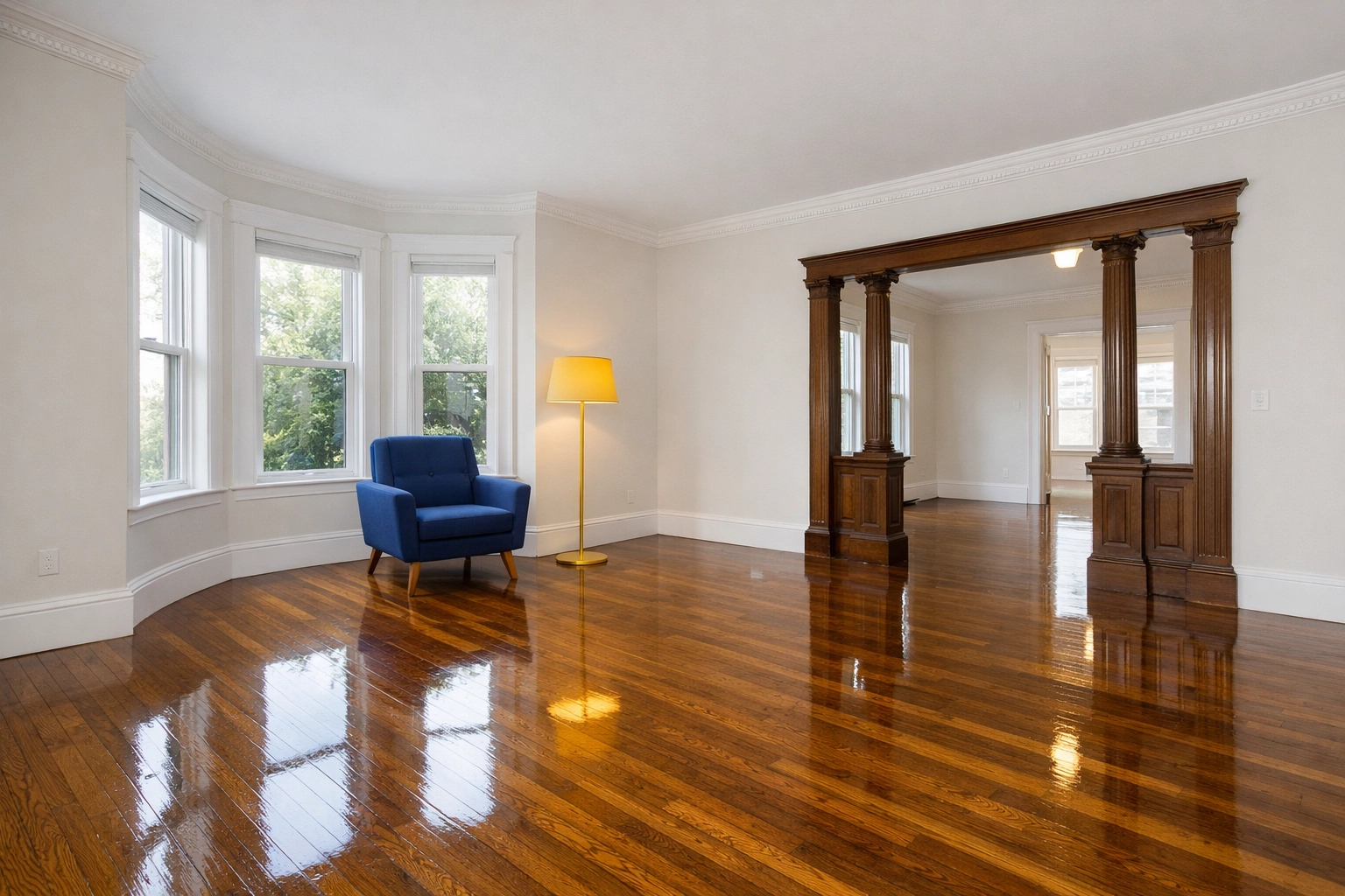 Clean, empty living room in West Cambridge highlighting move-out cleaning services for historic homes.