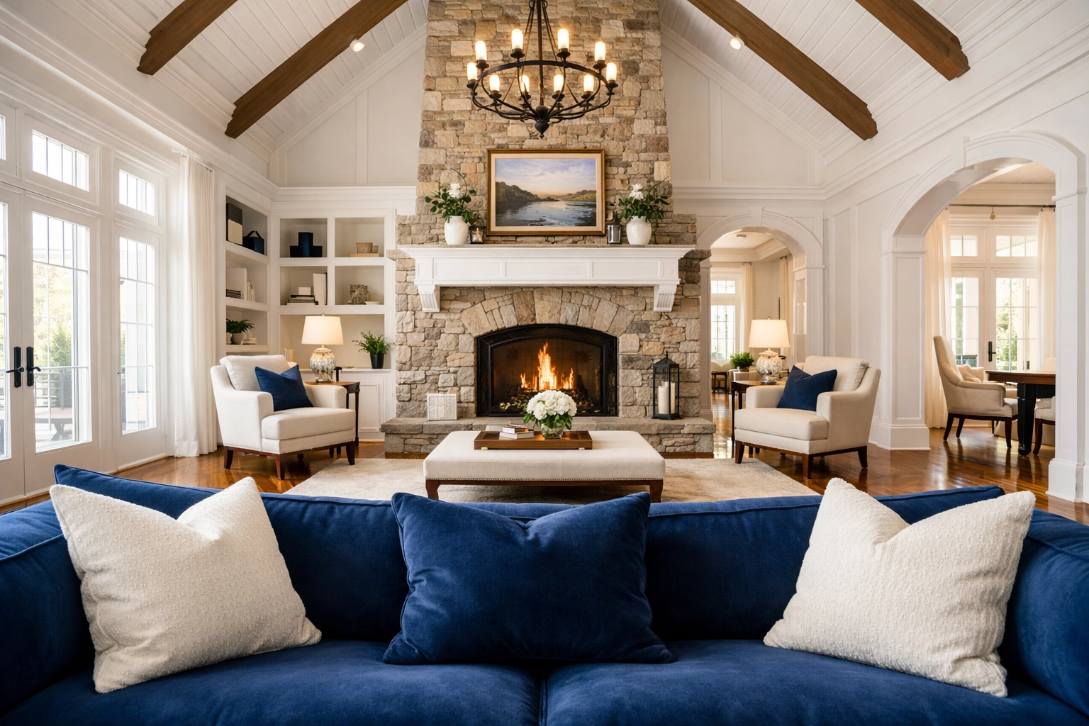 A perfectly spotless luxury Needham mansion living room with polished hardwood floors and vaulted ceilings.