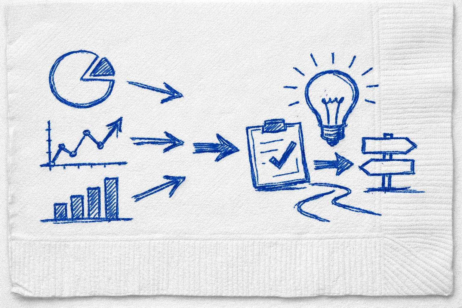 Blue marker napkin sketch showing simple analytics shapes and data flow