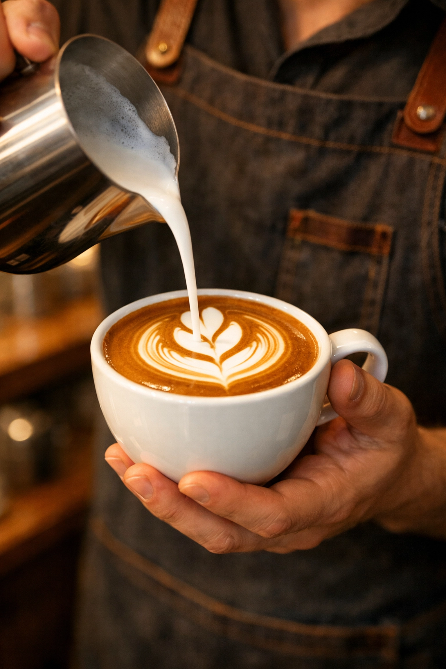 A professional barista pouring a tulip latte art pattern into a specialty coffee cup in a warm café setting.