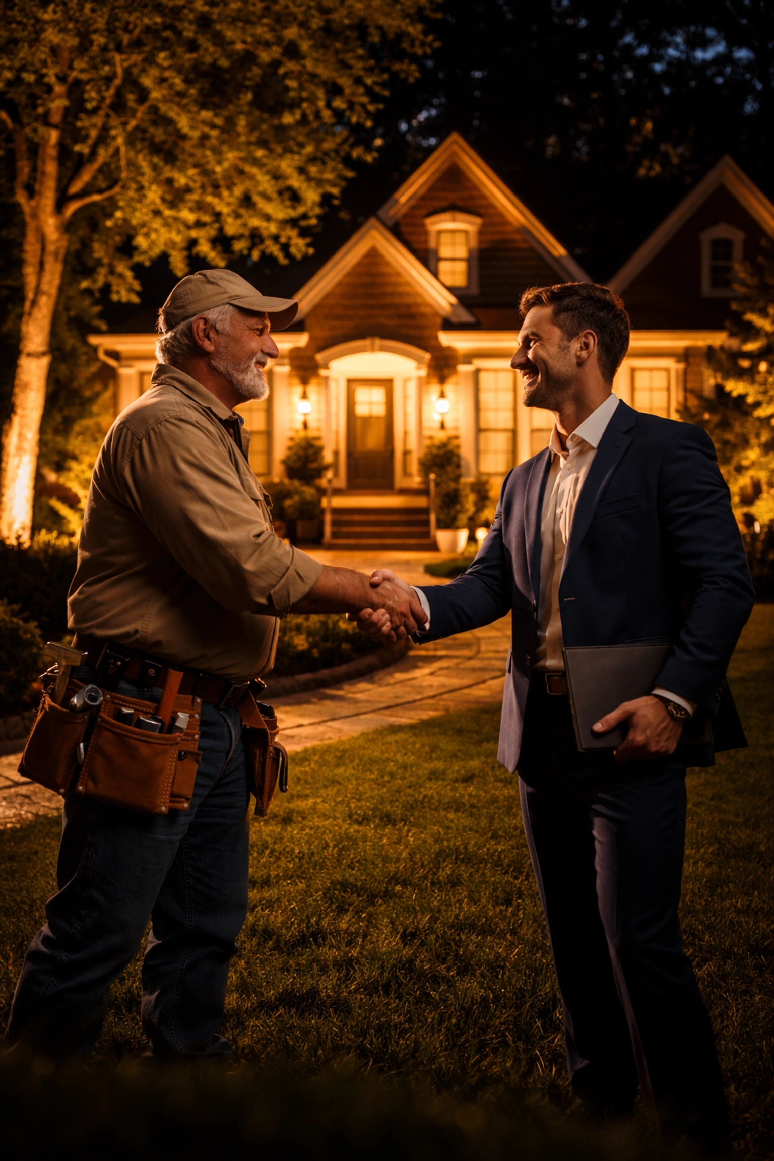 A realtor and contractor shake hands at night in front of a warmly lit Kentucky home with glowing landscape lighting.