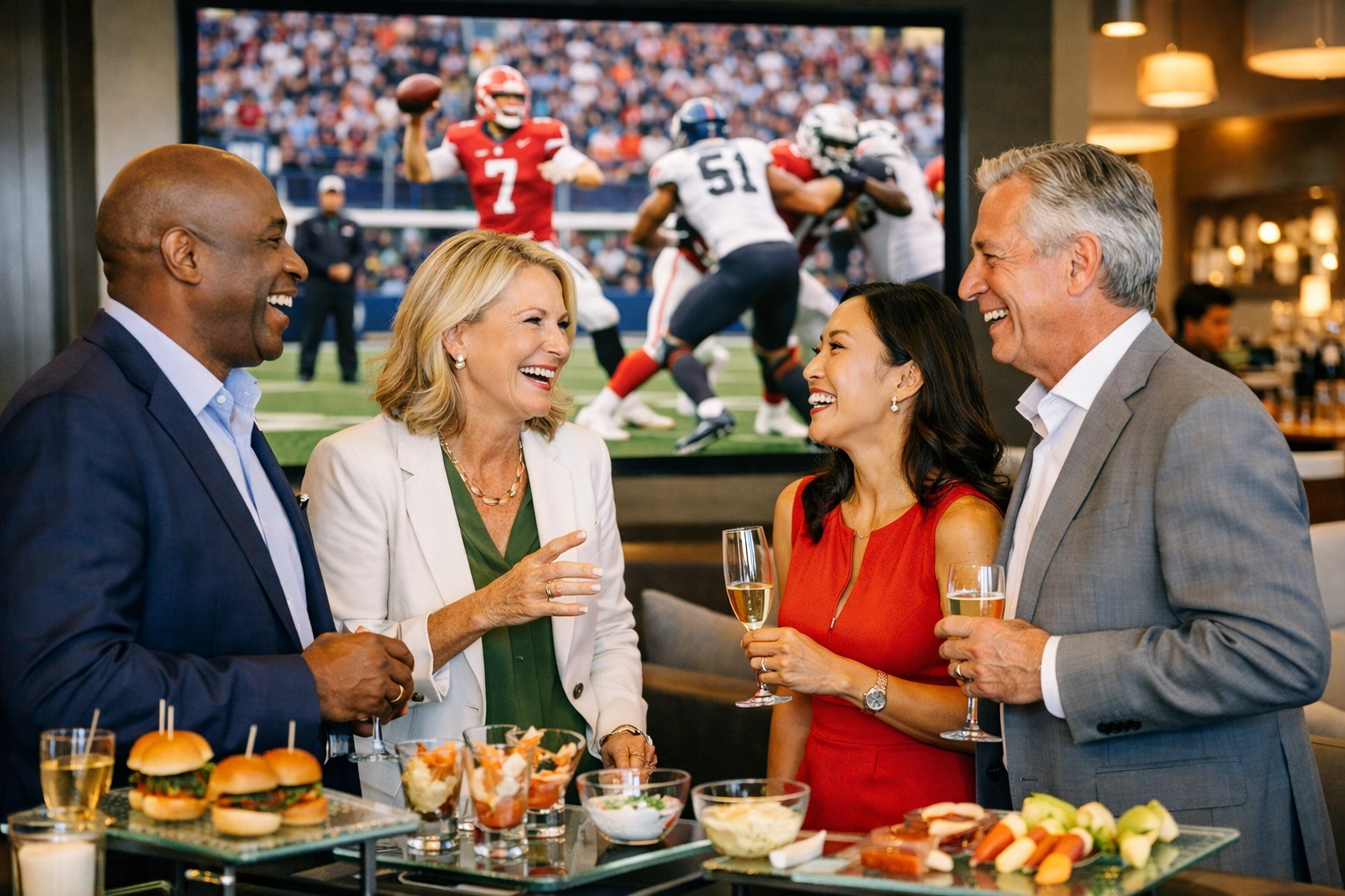 Corporate executives networking in a VIP Super Bowl hospitality lounge during halftime activations.
