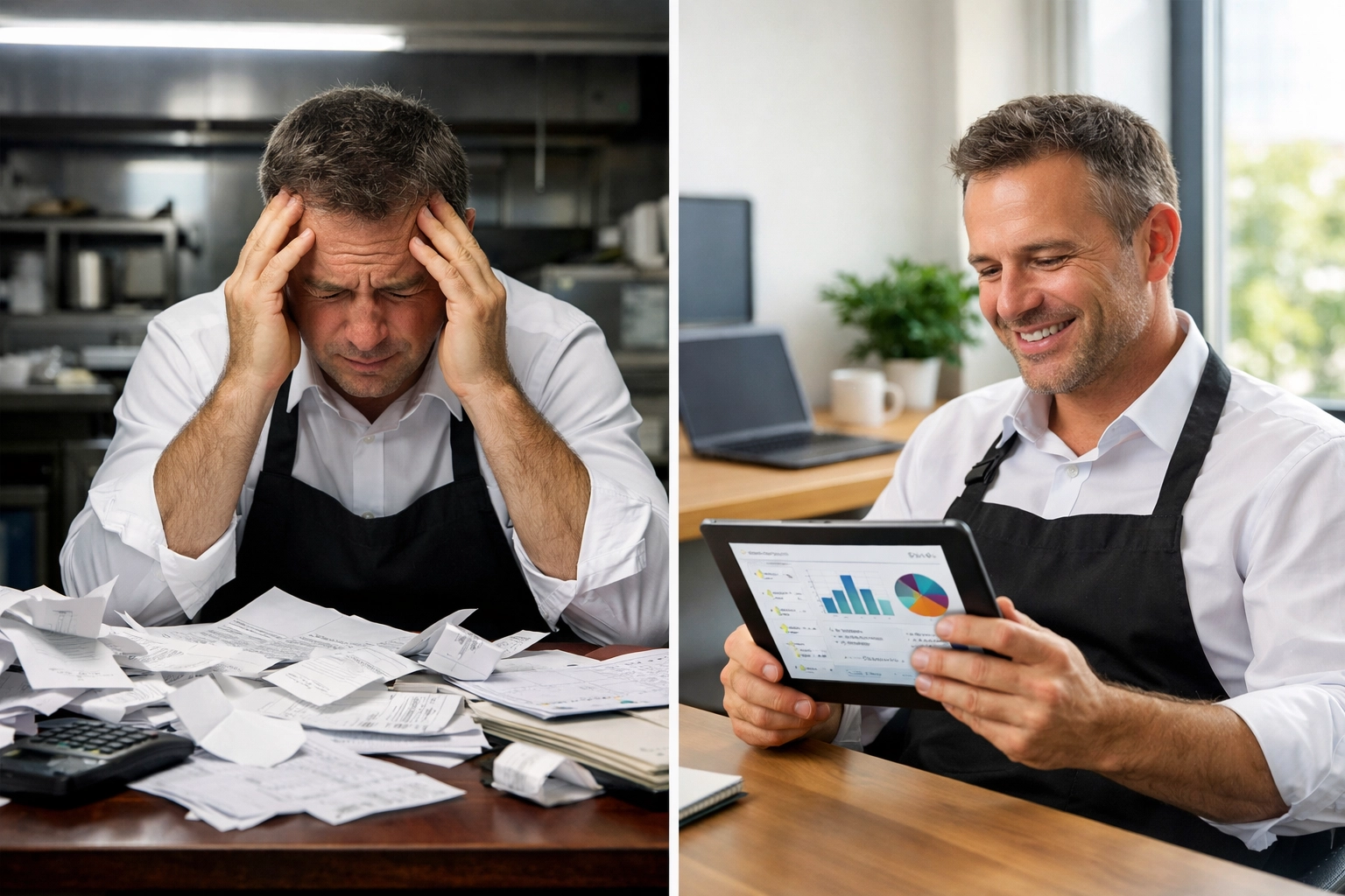 Restaurant manager comparing manual invoices to digital restaurant management technology solution