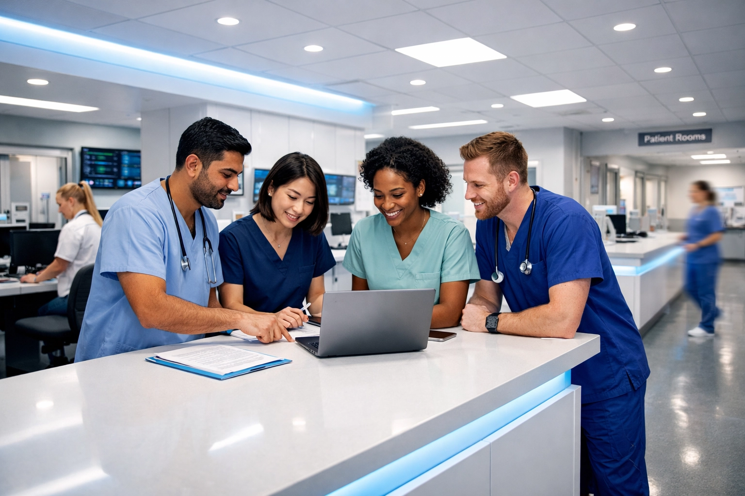 Diverse medical professionals collaborating at a modern nurse station to ensure consistent patient care.