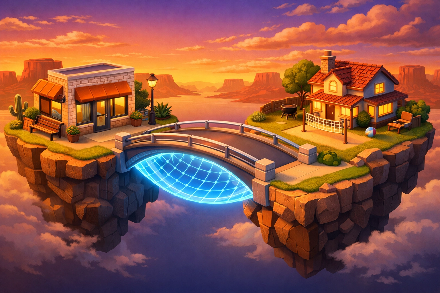 Illustration of a bridge linking a small business and family home, symbolizing risk management protection.