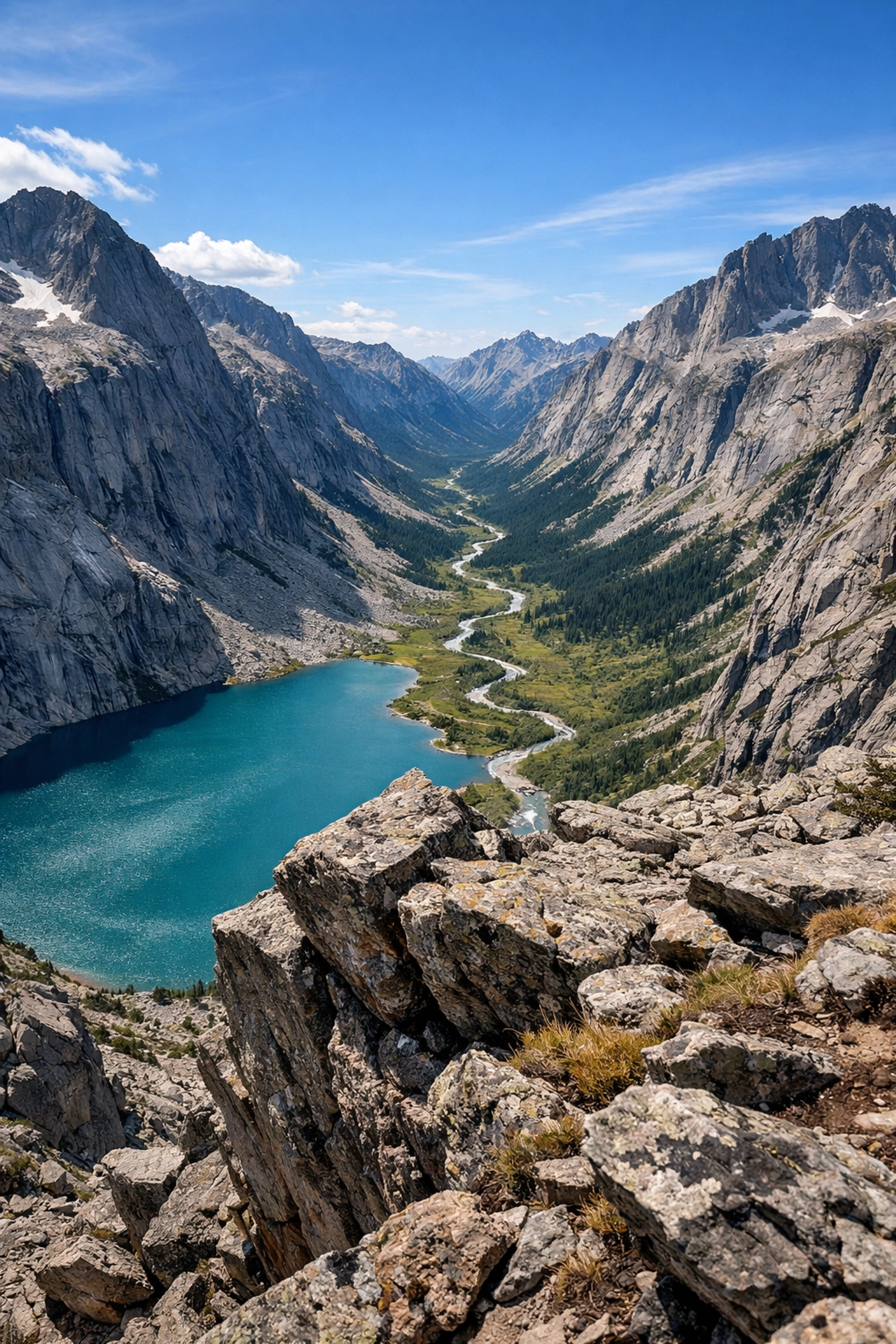 Unique landscape photography of a remote glacial valley captured from a rocky ridge.