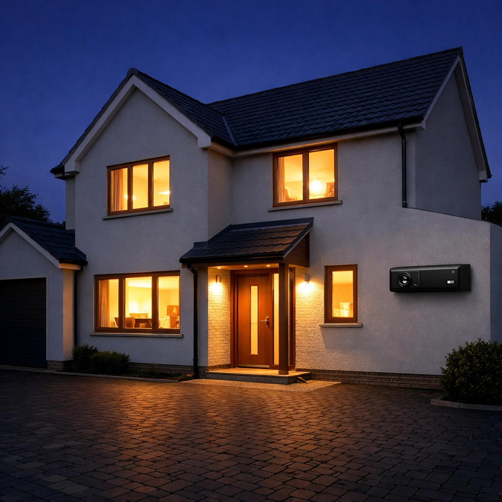 Discreet NVR security camera installed on a modern British home at twilight for 24/7 protection.