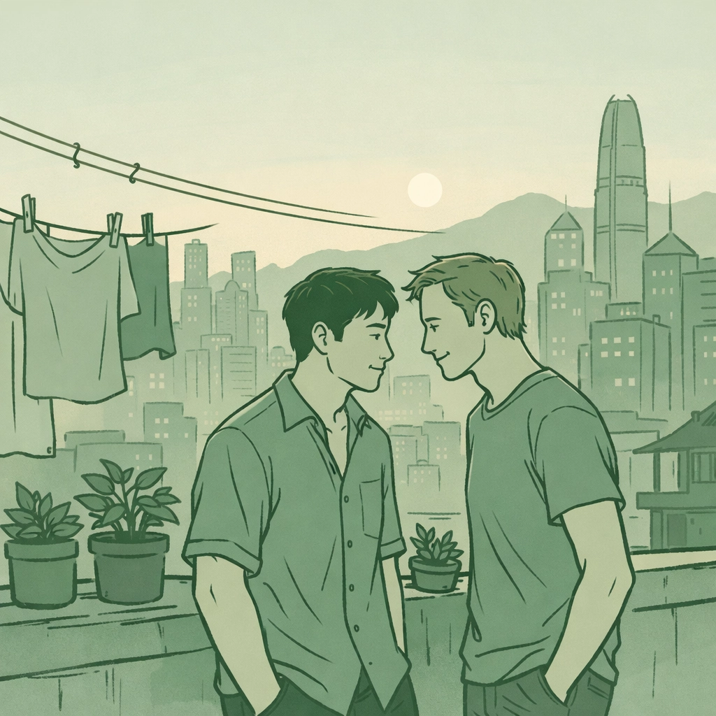 Two gay men sharing intimate moment on Hong Kong rooftop in MM romance story