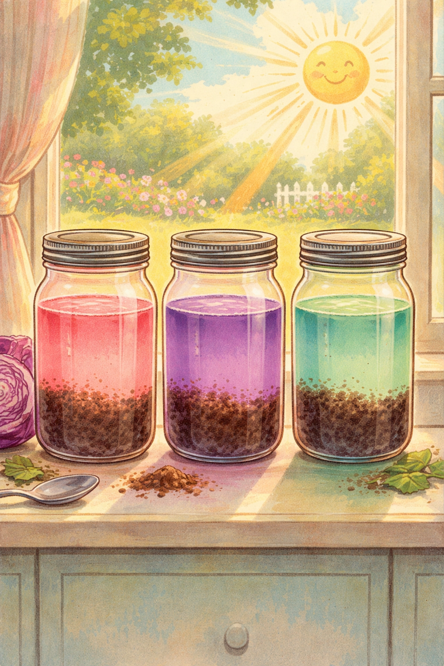 Three glass jars with colored cabbage juice for comparing soil pH results, shown on a sunny windowsill.