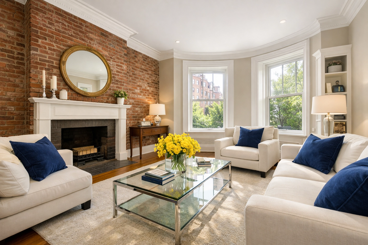 Clean Boston brownstone living room highlighting expert move-in and apartment cleaning services.