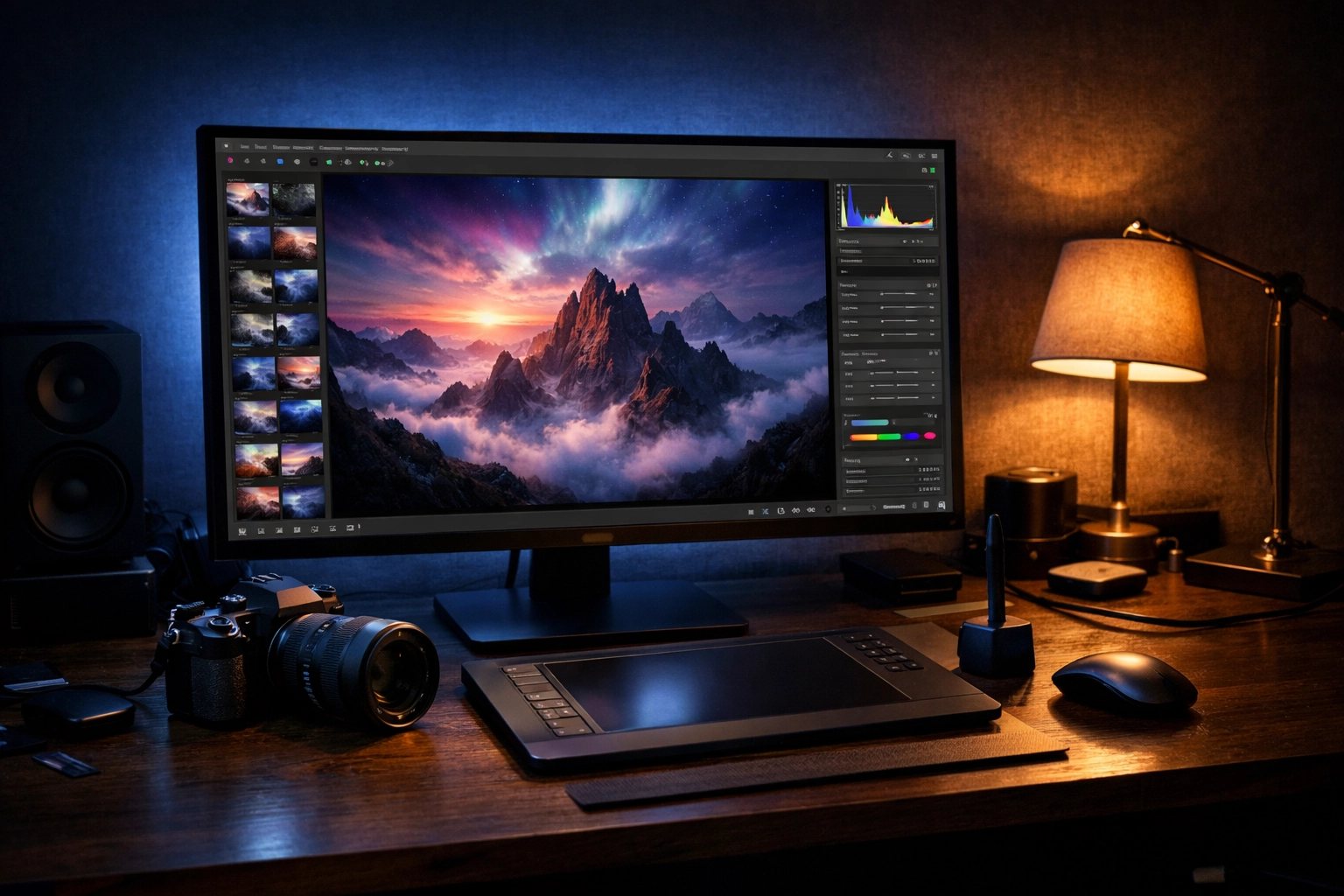 Modern digital darkroom showing professional landscape photo editing tutorials and mirrorless camera gear.
