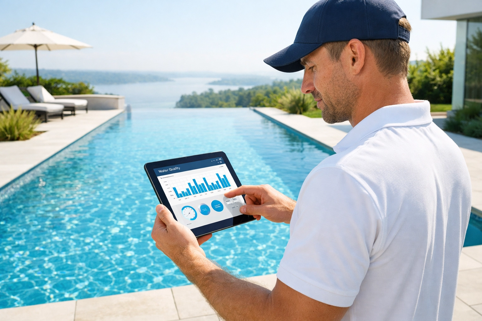 Pool technician using a tablet for digital service logs next to a luxury infinity pool.