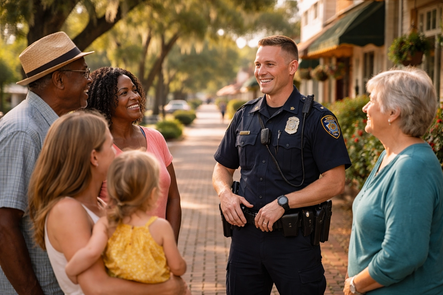 Summerville police officer talking with residents on a neighborhood street in the Lowcountry, non-emergency resources.