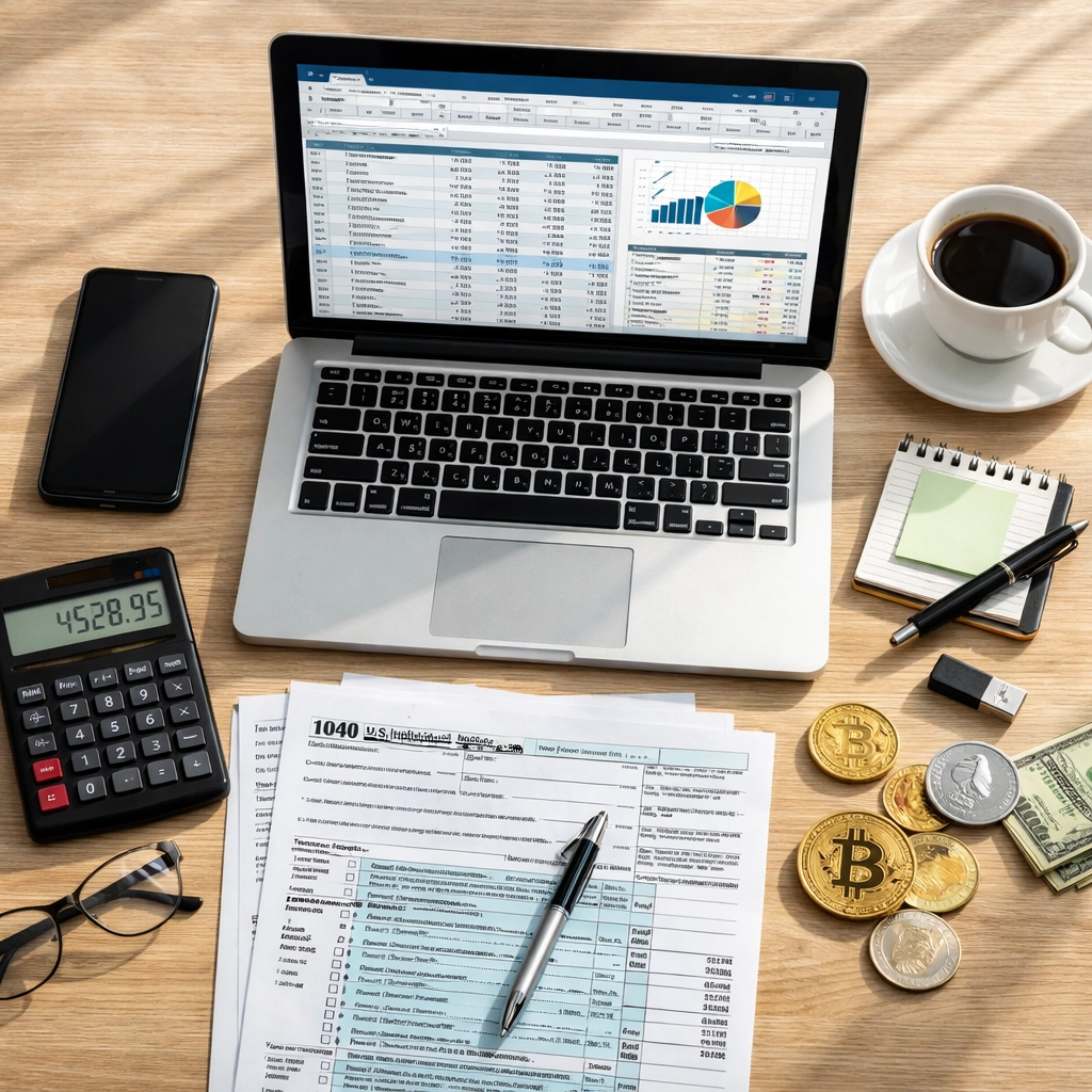Tax preparation workspace with forms, calculator, laptop, and Bitcoin coin