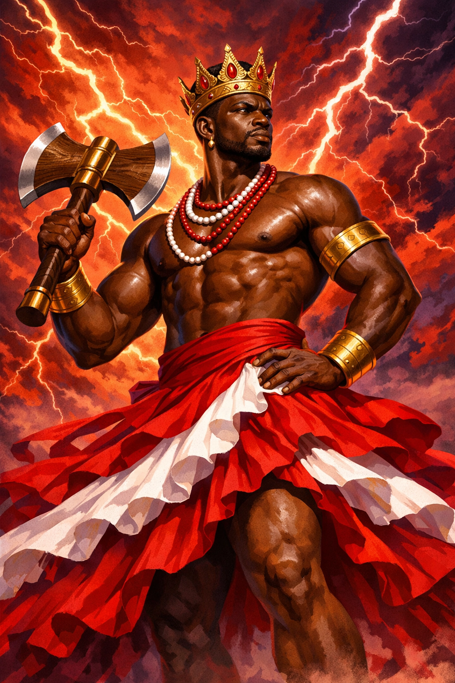 Orisha Changó wearing a ritual skirt and crown representing gender-crossing traditions in Santería.