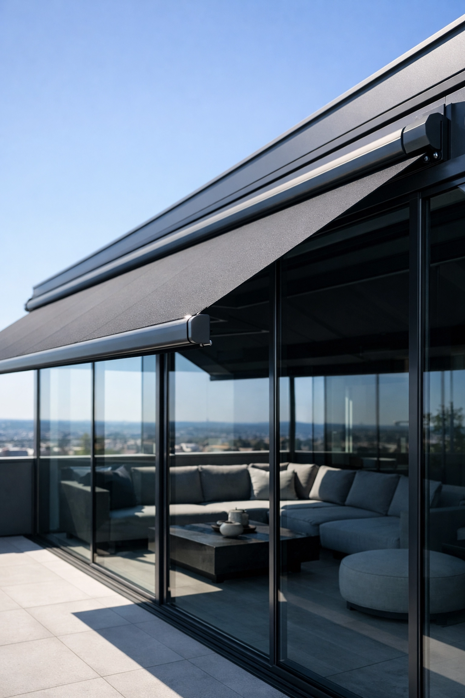 Modernes Glasdach mit einer anthrazitfarbenen Aufglasmarkise für optimalen Hitzeschutz im Sommer.