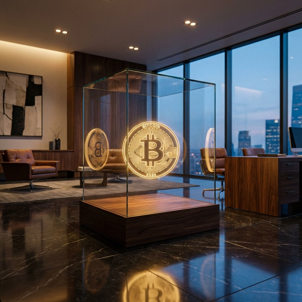 A glowing Bitcoin coin displayed in a luxurious office, representing institutional-grade Bitcoin integration in modern portfolios.