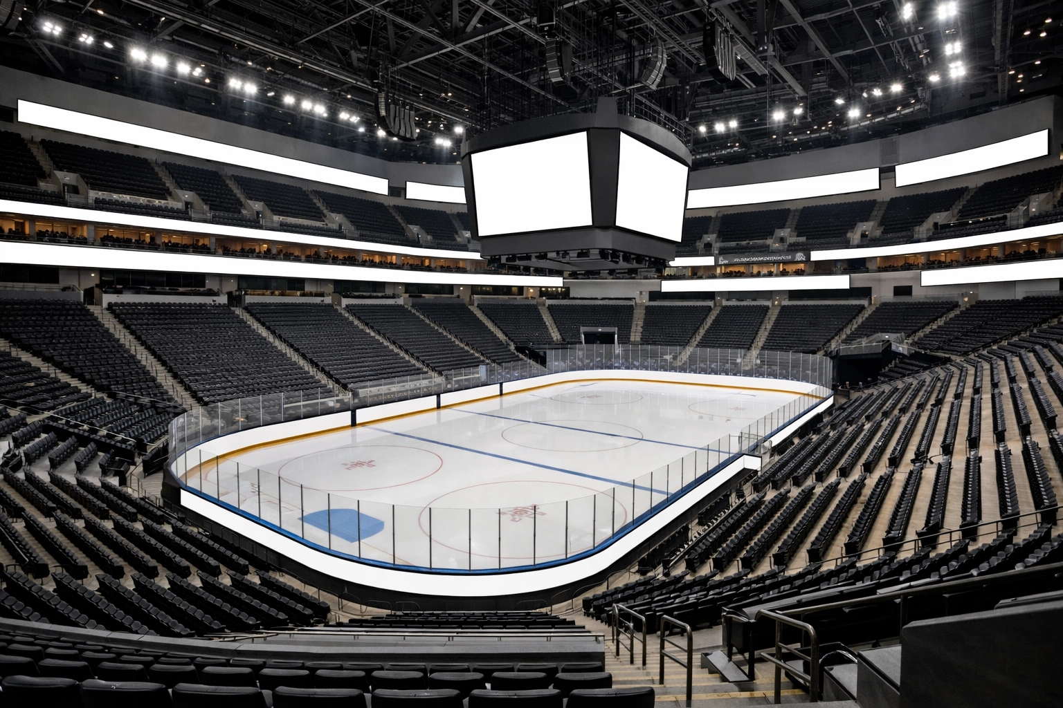 Strategic layout of advertising panels and digital media inventory inside a professional indoor sports arena.