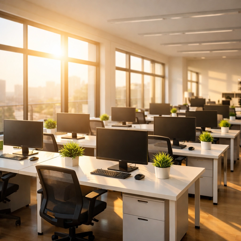 Clean modern office workstations in a Midwest business hub after a professional deep clean.