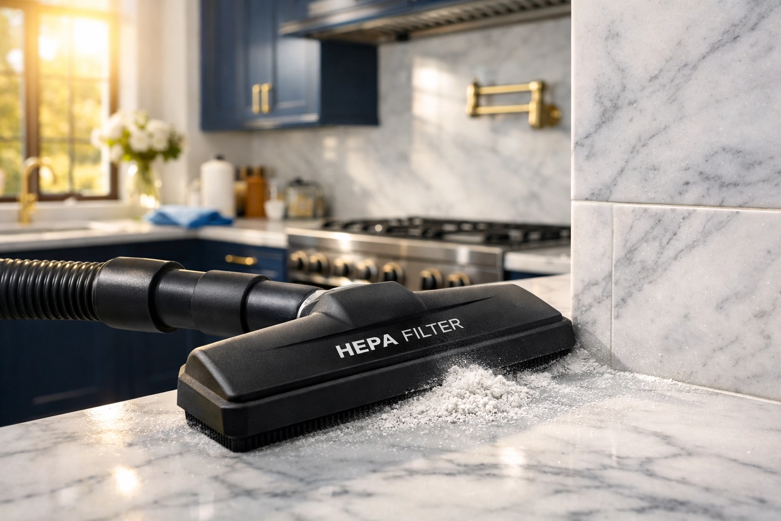 HEPA vacuum removing fine drywall dust during a post construction cleaning in Carlisle kitchen renovation.