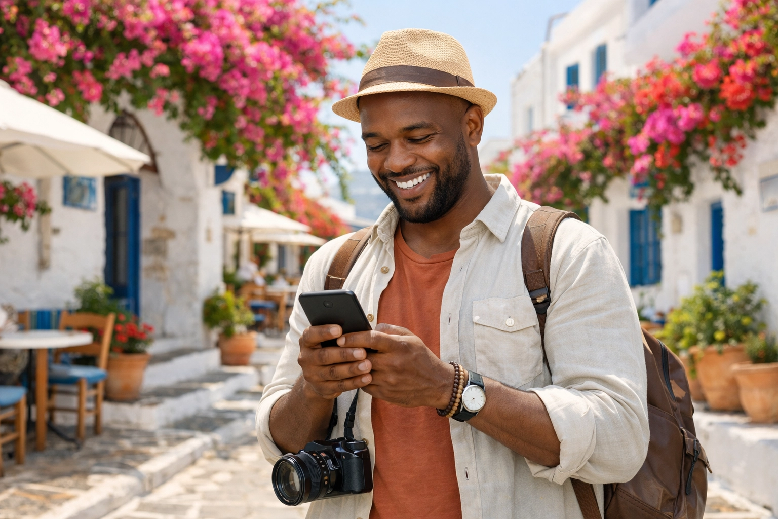 A traveler navigates a Mediterranean village easily using a smartphone with a custom travel itinerary.
