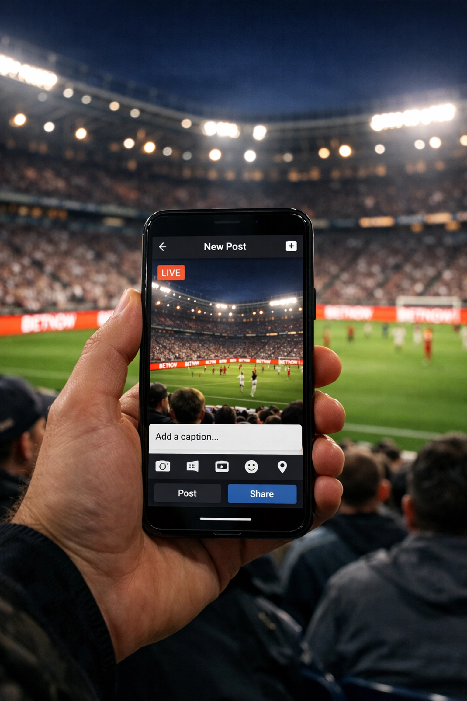 A fan holding a smartphone to share stadium perimeter ads on social media, enhancing digital engagement.