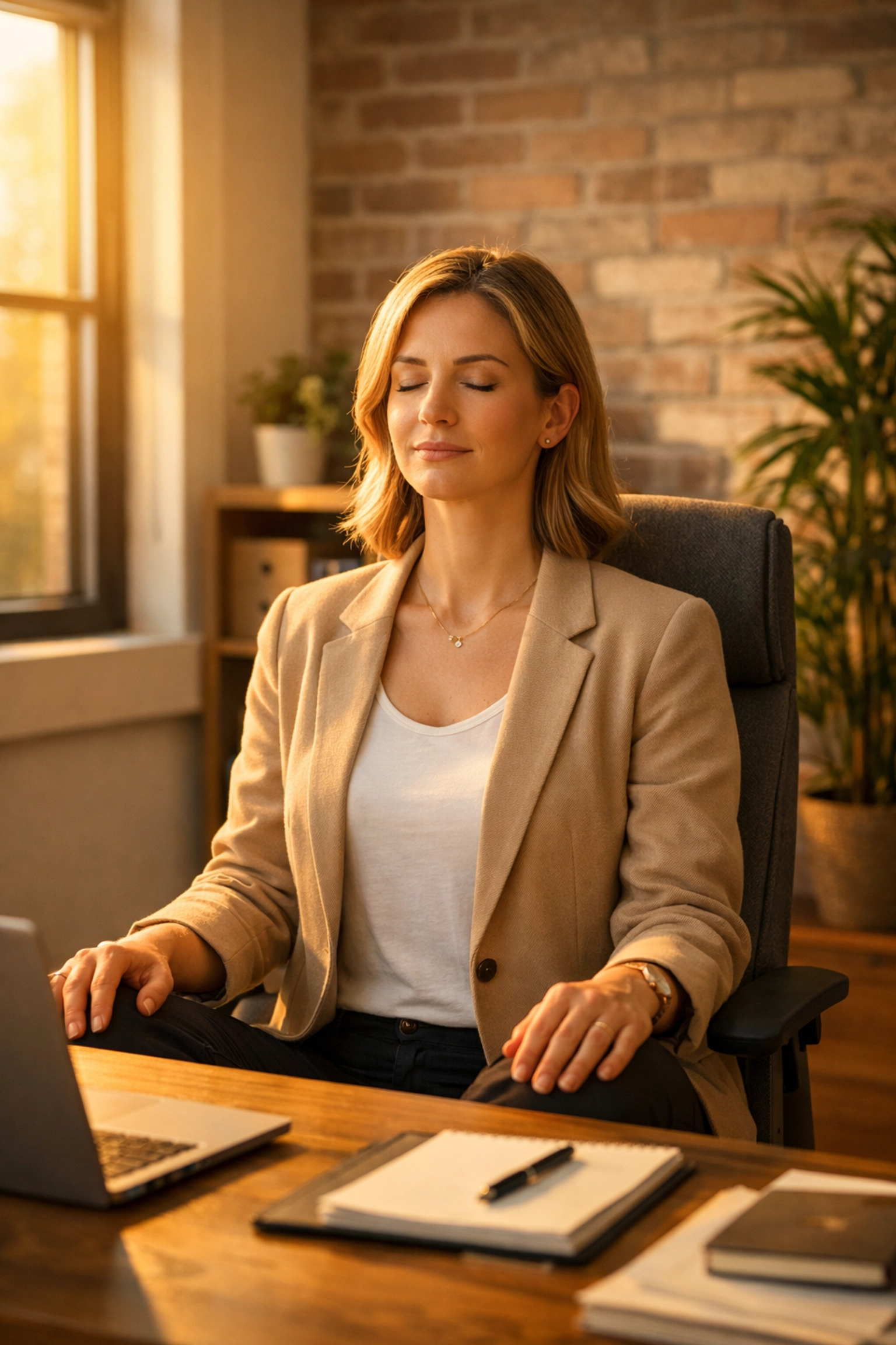 Business owner practicing breathing exercises at desk to calm nervous system before meetings